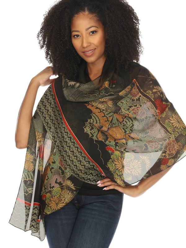 Artistic Floral Silk Scarf in Multicolor - Scarf-MOB