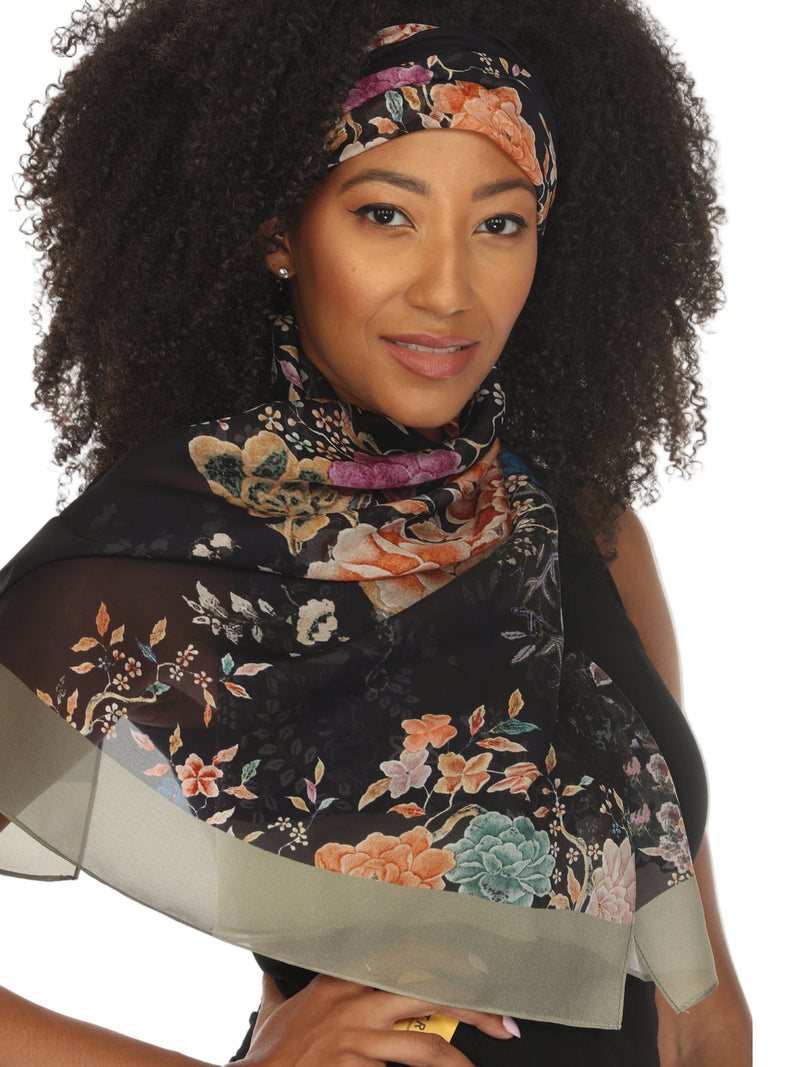 Vibrant Midnight Garden Silk Scarf in Multi - Scarf-QRCV