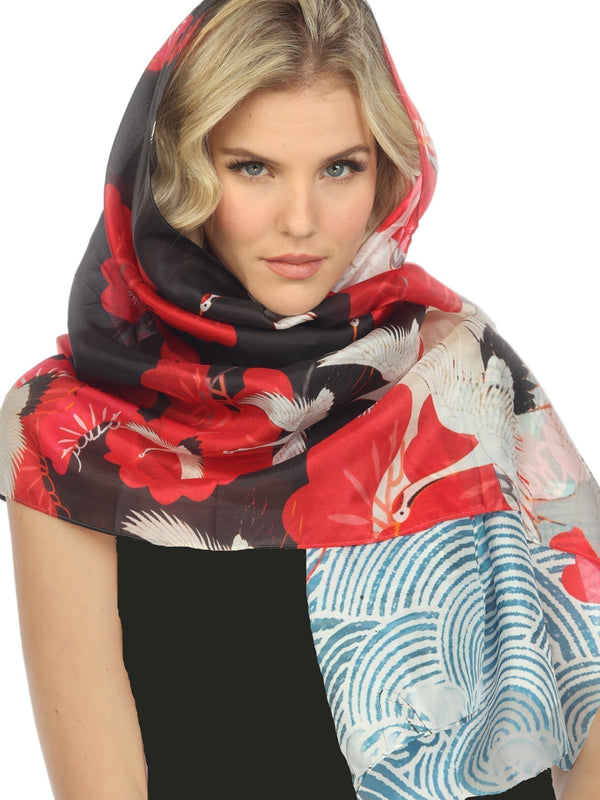 Crane & Wave Silk Scarf in Red Multi - ScarfSCS
