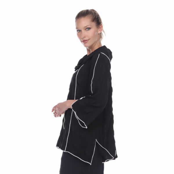 Pucker Weave Cowl-Neck Tunic with Contrast Piping - 3119-BLK