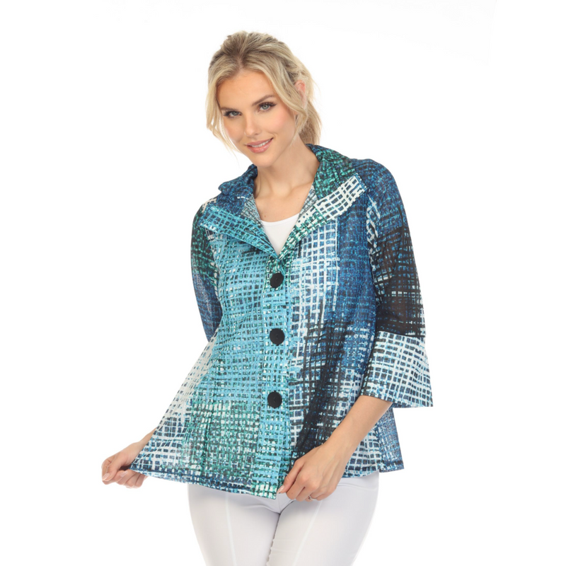Damee Printed Mesh Hip-Length Jacket in Blues & Greens - 2378