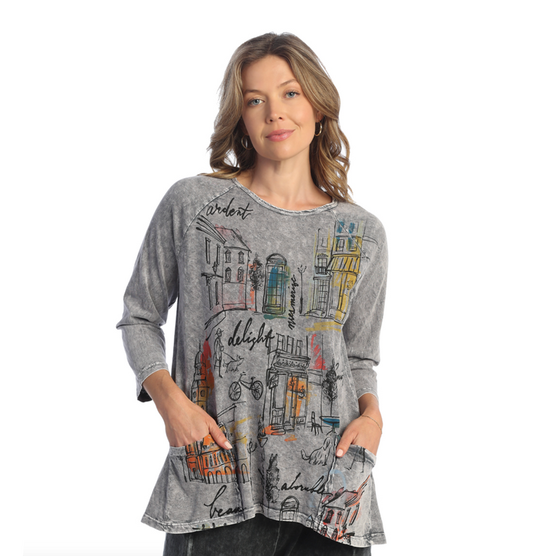 Jess & Jane "Cityscape" Mineral Washed Patch Pocket Tunic Top - M12-1883