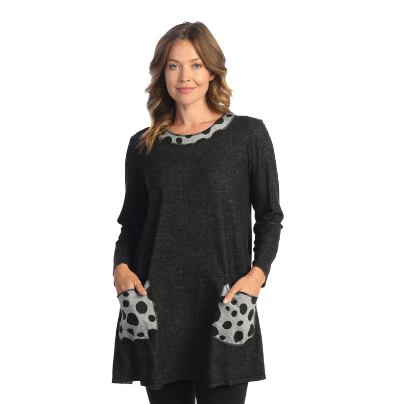 Jess & Jane "Dots" Fleece Tunic with Printed Pockets and Collar in Black - SF4-1780-BLK