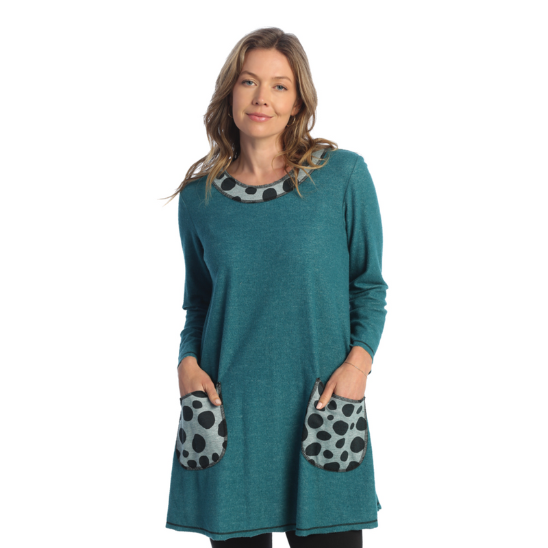 Jess & Jane "Dots" Fleece Tunic with Printed Pockets and Collar in Teal - SF4-1780-TL