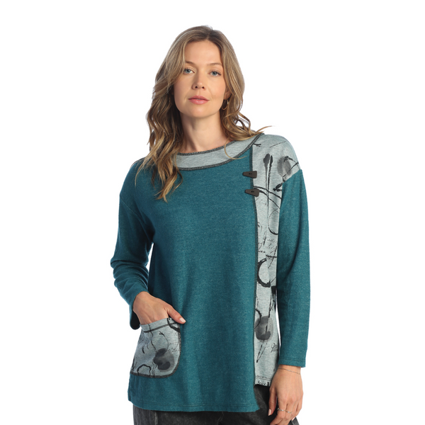 Jess & Jane "Newport" Fleece Tunic Top with Printed Pocket in Teal - SF5-1887TL - Size S