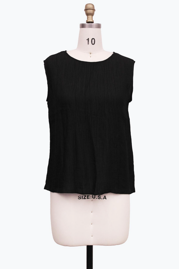 DAMEE CRINKLED SLEEVELESS JEWEL NECK TOP - 901T - BLK