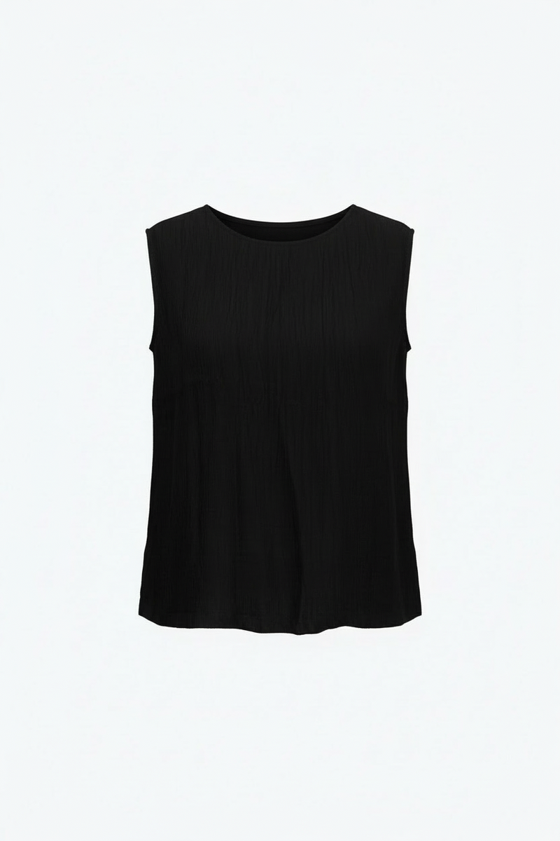 DAMEE CRINKLED SLEEVELESS JEWEL NECK TOP - 901T - BLK