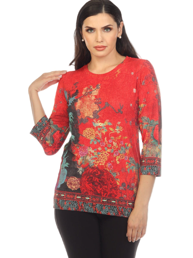 Floral Print Border Tee in Red Multi - TVVF