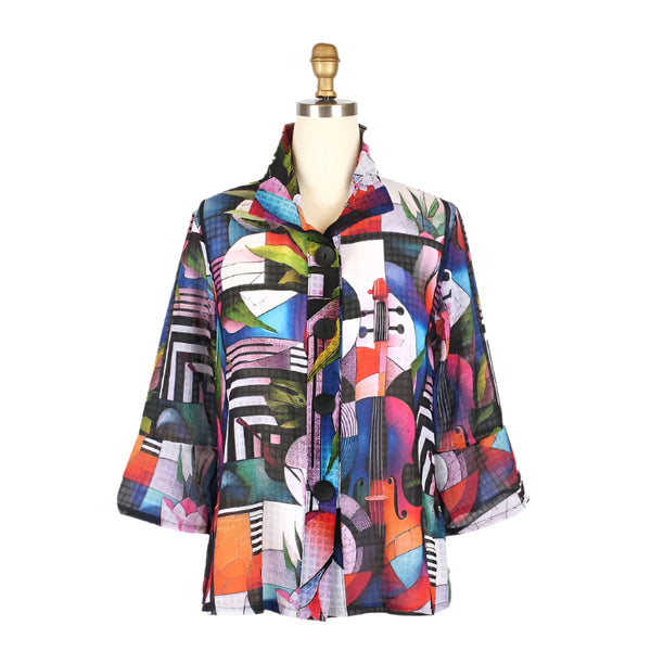 Colorful  Musical Collage Print Button Front Jacket - 2440-MLT