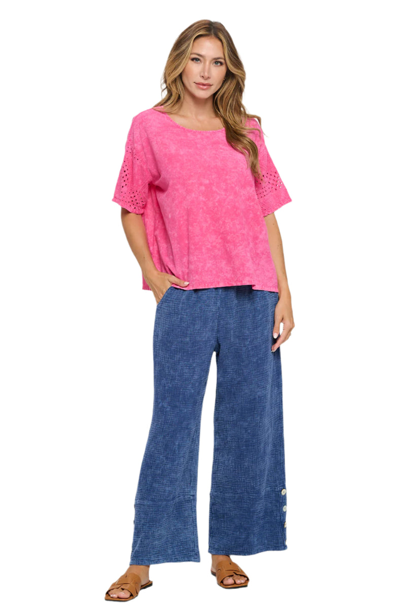 Mineral Wash Cotton Eyelet Trim Top in Fuchsia - V408-FS