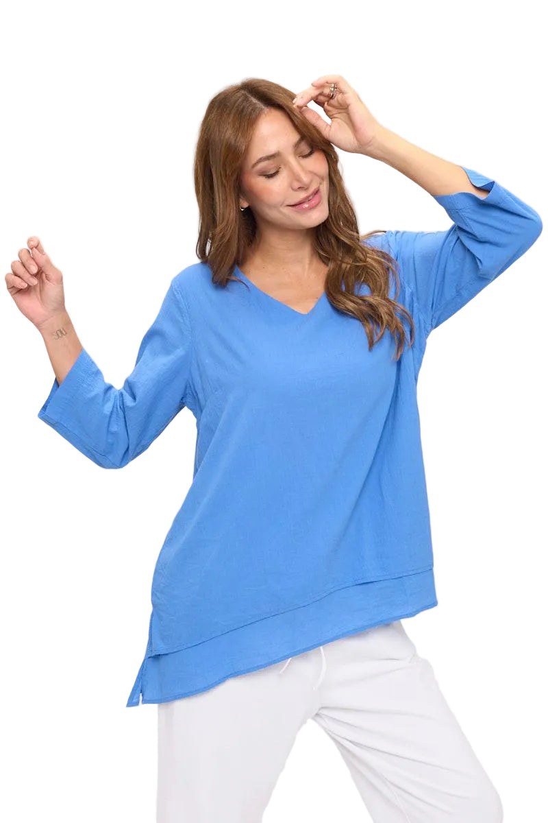 Lightweight Cotton Tiered Tunic in French Blue - V320-BLU