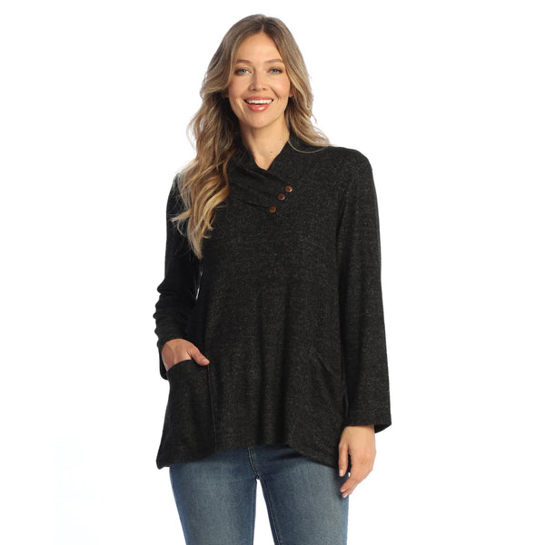 Solid Brushed Hacci Pleat Neck with Button Detail Top - VP5