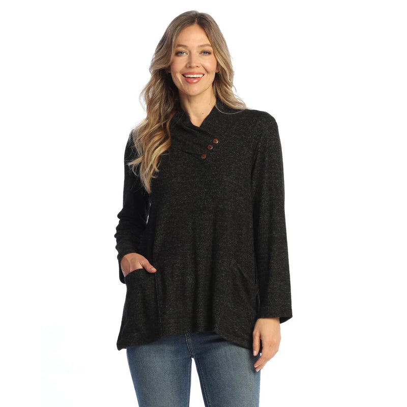 Solid Brushed Hacci Pleat Neck with Button Detail Top - VP5