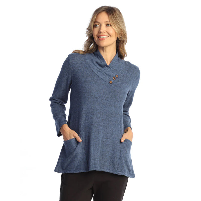 Solid Brushed Hacci Pleat Neck with Button Detail Top - VP5