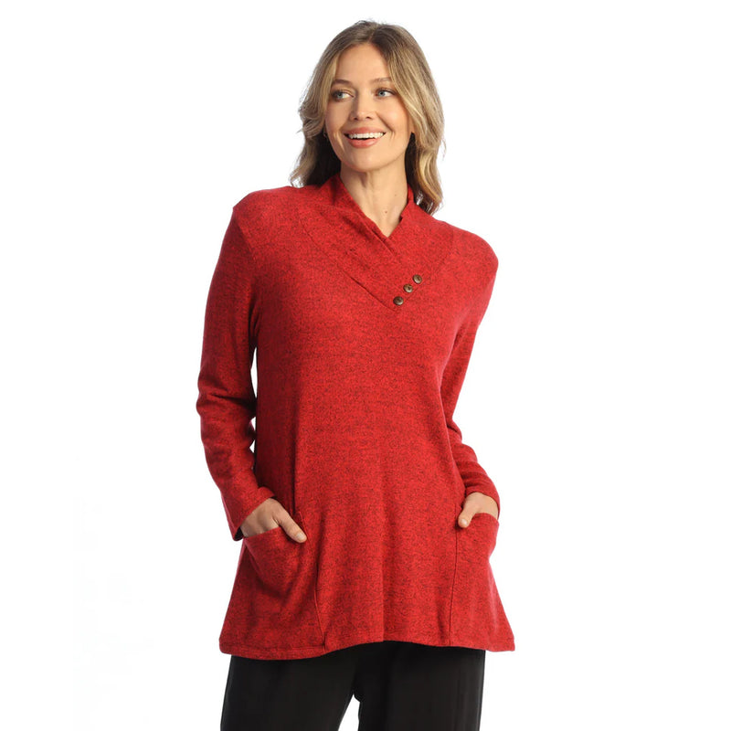 Solid Brushed Hacci Pleat Neck with Button Detail Top - VP5