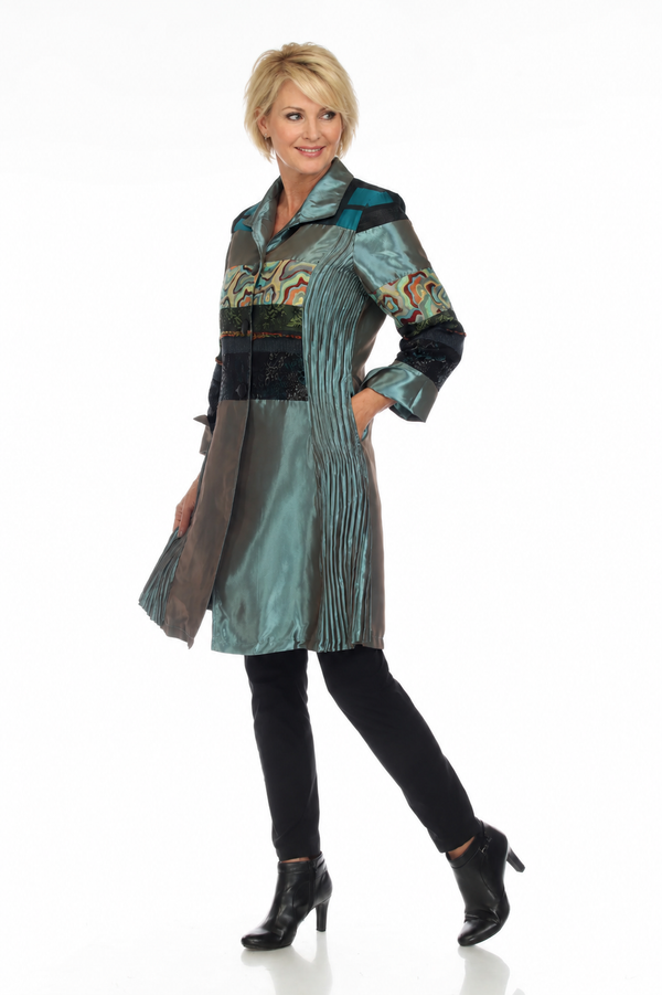 Mixed-Media Pleated Tunic Dress in Teal - C2648-3