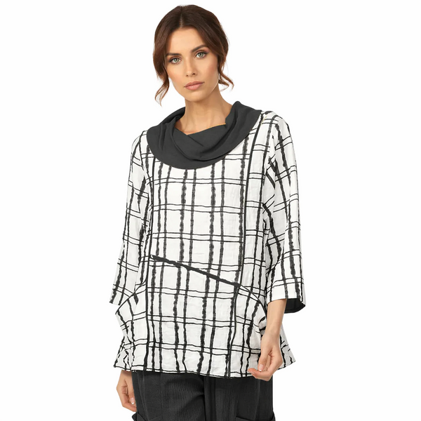 Textured Check Cowl Neck Top in Black - 4253-BLK