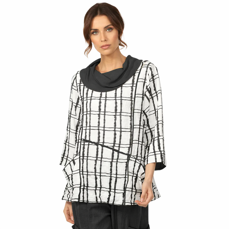 Textured Check Cowl Neck Top in Black - 4253-BLK