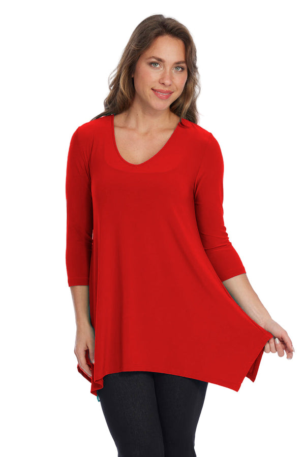 Soft Knit V-Neck High-Low Tunic in Red - ADTO5A-RD
