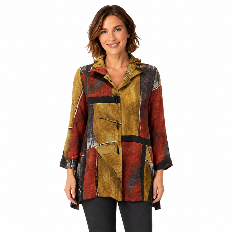Abstract Collage Print Blouse/Jacket in Gold/Burgundy/Black - 3456