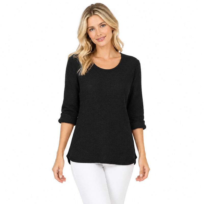 Lightweight Cotton Waffle Top in Black - C691-BLK