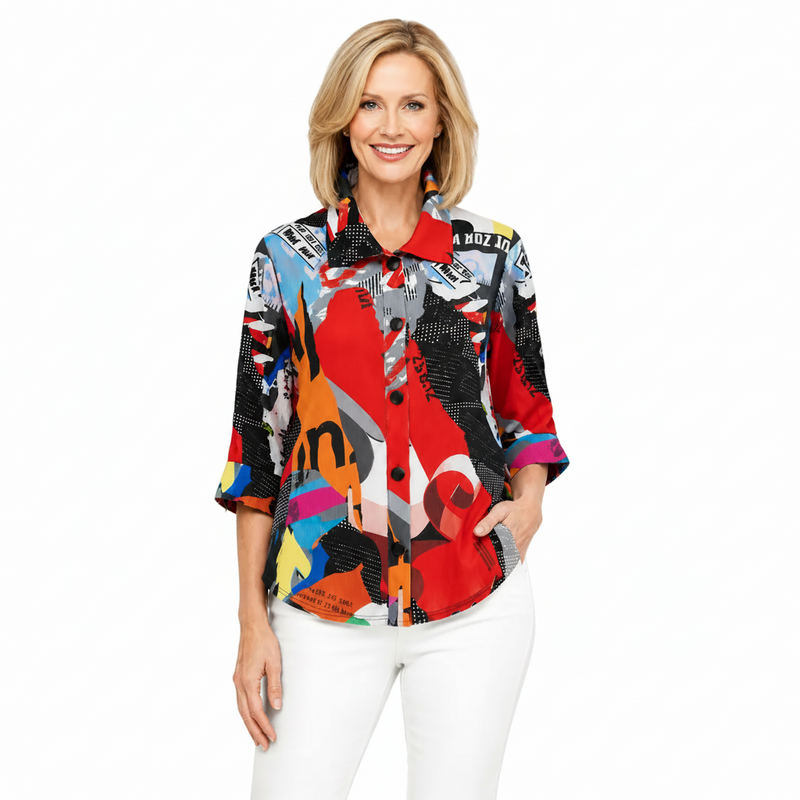 Abstract Collage-Print Shirt in Red Multi - 7115