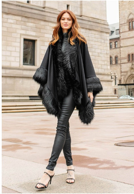 Fabulous Furs Black Fox Faux Fur Trimmed Shawl - 16135