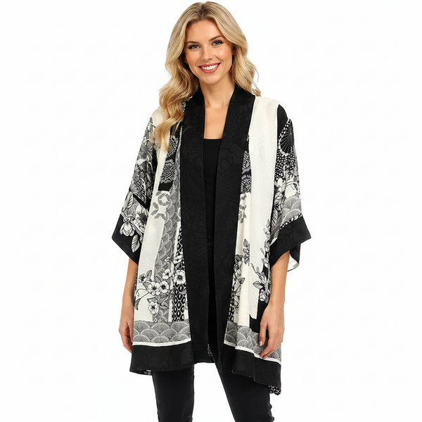 Asian Inspired Black & White Print Kimono Jacket - 0917BWB