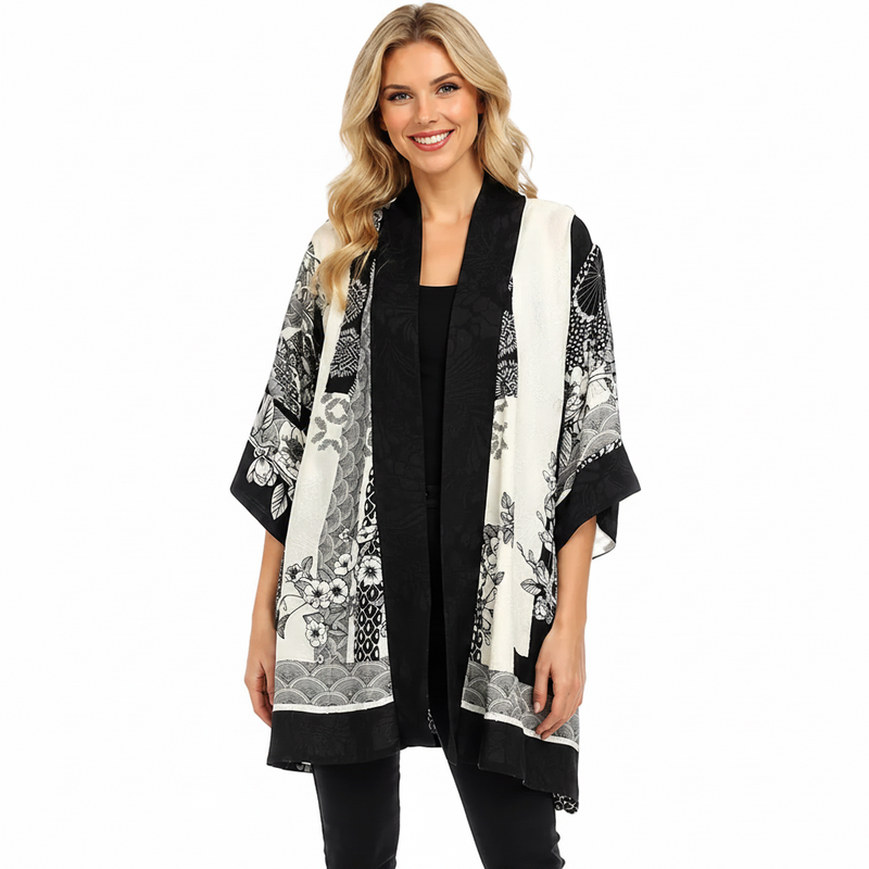 Asian Inspired Black & White Print Kimono Jacket - 0917BWB