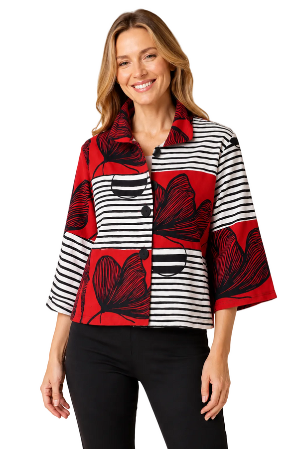 Floral Stripe Crop Jacket - 5007-RED
