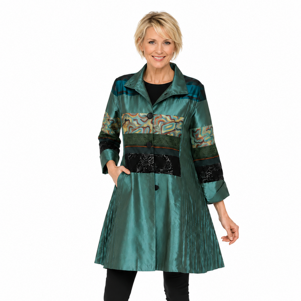 Mixed-Media Pleated Tunic Dress in Teal - C2648-3
