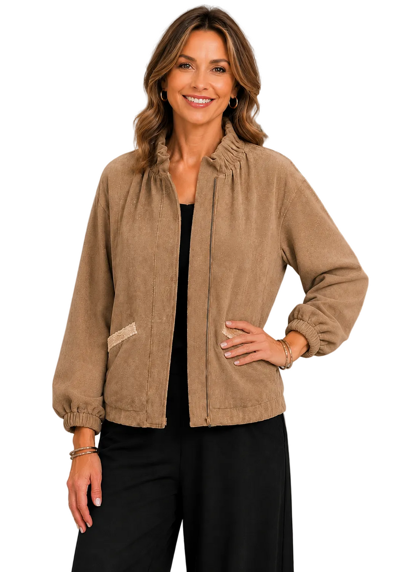 Soft Vegan Suede Zip-Front Jacket in Beige - 5125-BGE