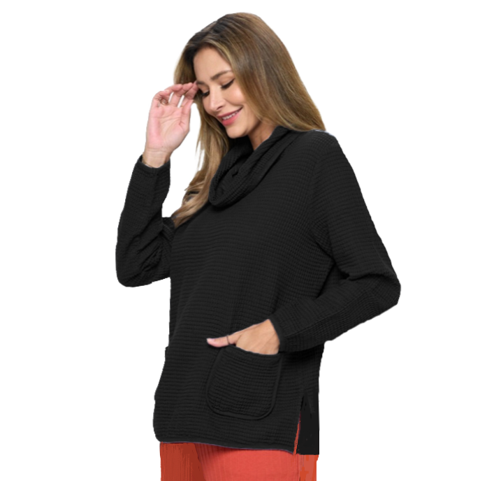 Focus Cowl-Neck Waffle Sweater Tunic in Black - FW137-BK