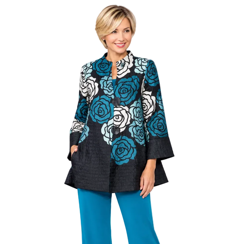 Just In! Textured Rose Print Jacket in Blue - C1202J-BLU