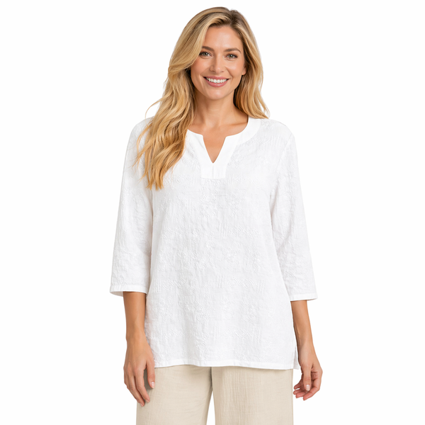 Embroidered Cotton Voile Top in White C630-WHT