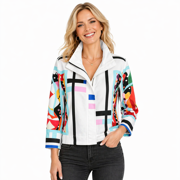 Modern Geometric Print Jacket in Multi on White - 5054