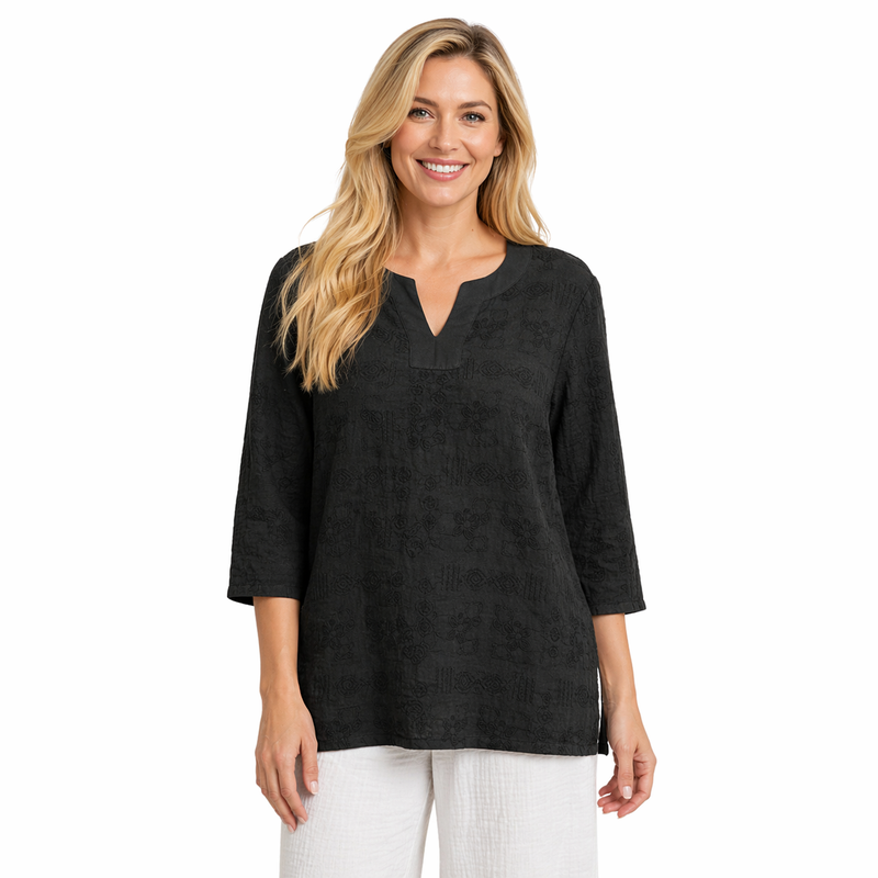 Embroidered Cotton Voile Top in Black - C630-BLK
