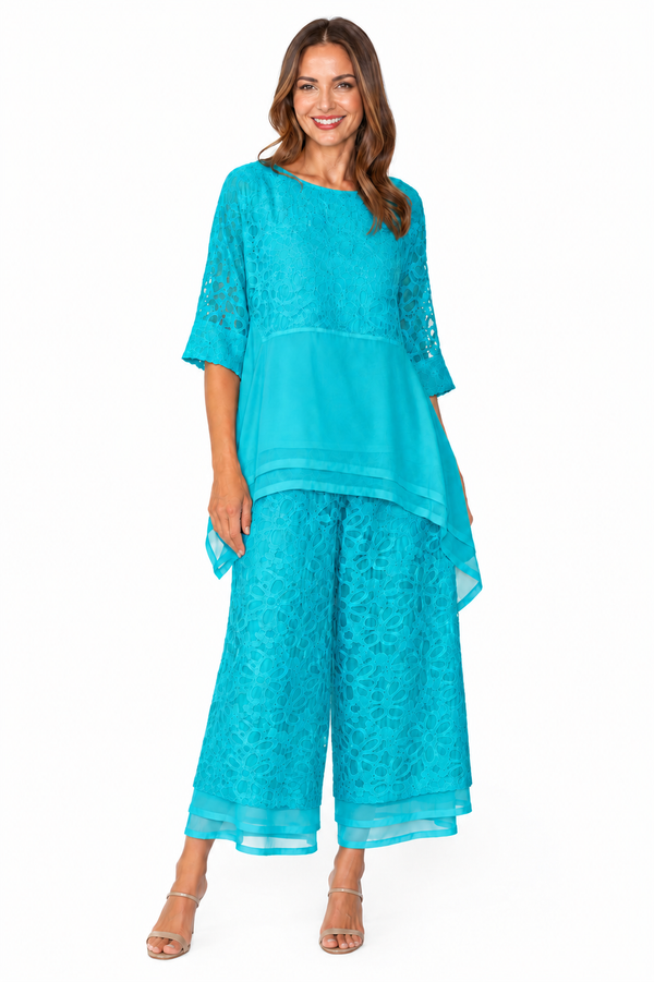 Floral Textured Ankle Pant in Turquoise - 7789P-TQ