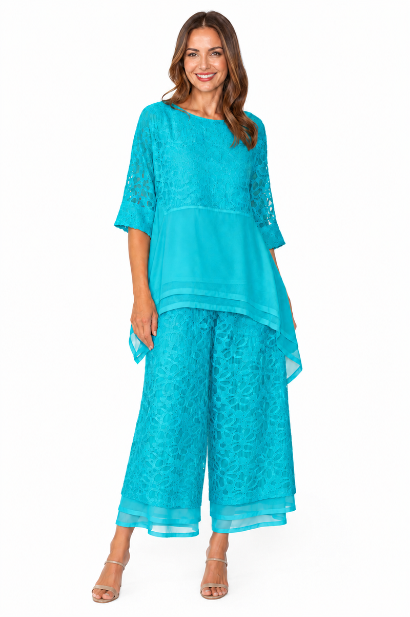 Floral Textured Ankle Pant in Turquoise - 7789P-TQ
