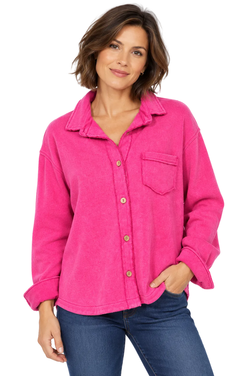 Soft Color-Washed Cotton Terry Shirt Jacket - 28095