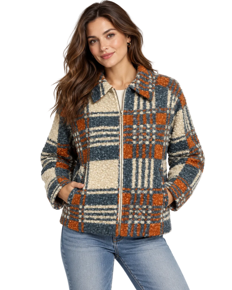 Plaid Boucle Zip Front Jacket - 5152-IVR