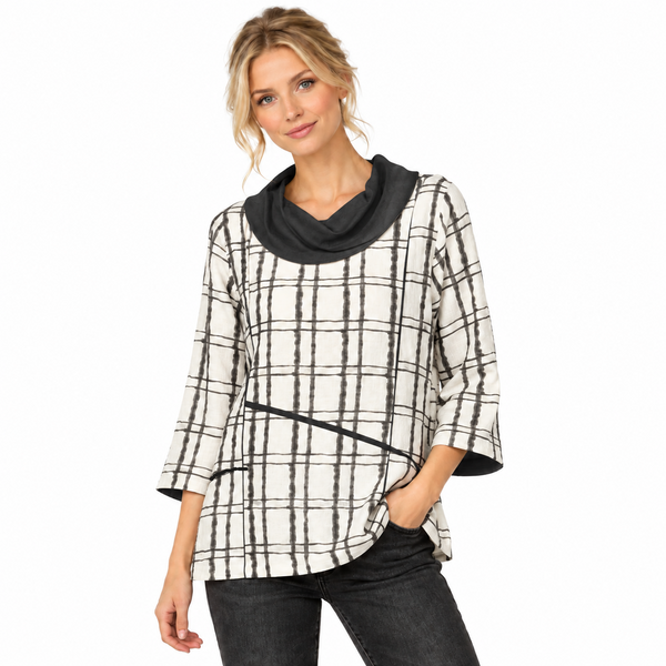 Textured Check Cowl Neck Top in Black - 4253-BLK