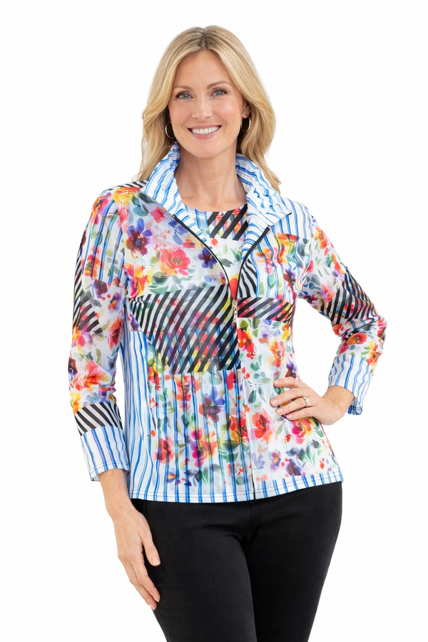 Floral & Stripe Print Mesh Jacket & Tank - 31451