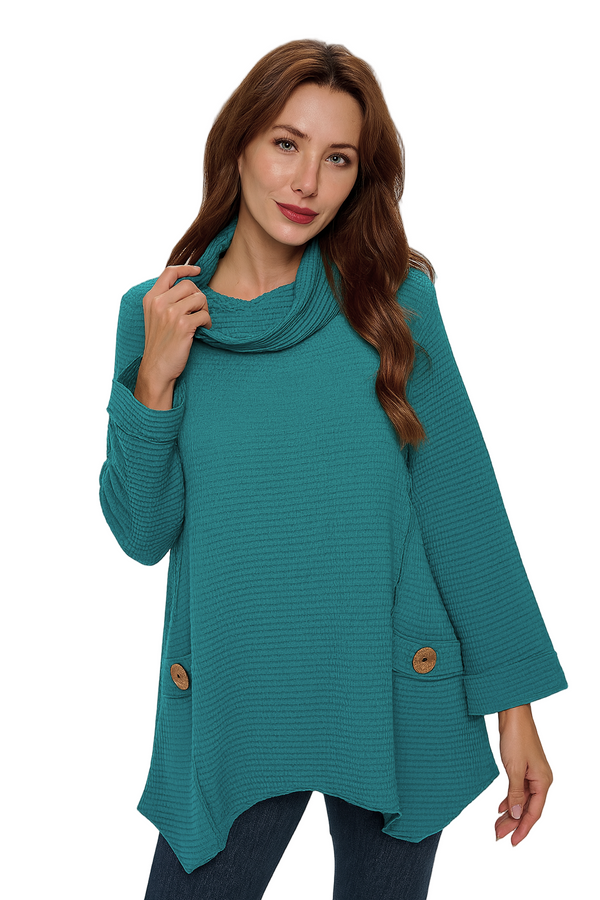 Drape Cowl-Neck Waffle Tunic in Ocean - FW153-OCN