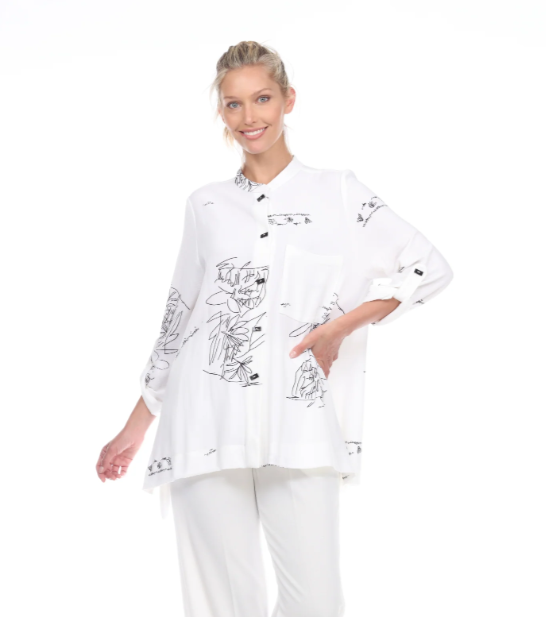 Moonlight Sketch-Print Tunic Blouse in White/Black - 2764 - Size M Only!