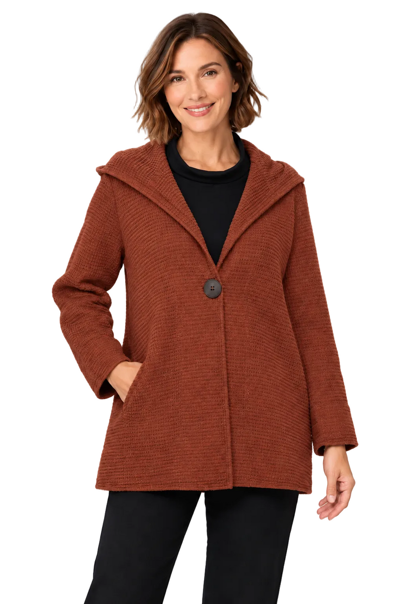 One-Button Hooded Waffle Jacket in Clay Red - FW138-CLR