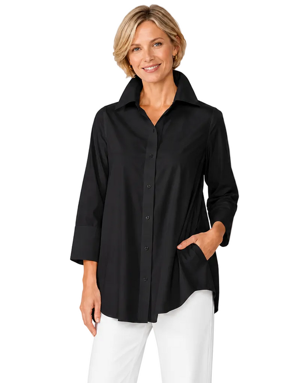 Lightweight High-Low Cotton Shirt in Black - 3758B-BLK