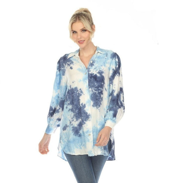 IC Collection Tie-Dye Button-Front Shirt in Blue & White - 4460B - Sizes S & M Only!