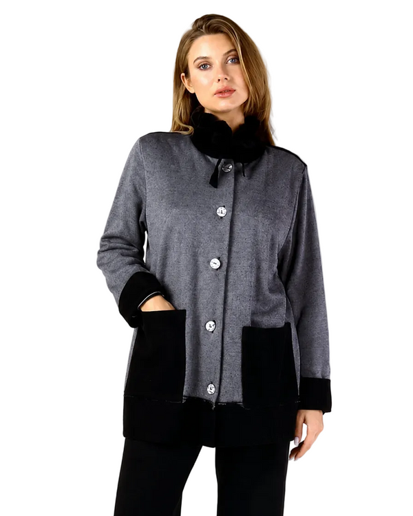 Soft Stretch Fleece & Corduroy Tie-Collar Jacket - C47031