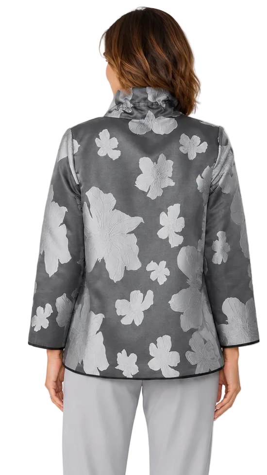 Floral Jacquard Open-Front Jacket in Charcoal - 4757J-CH